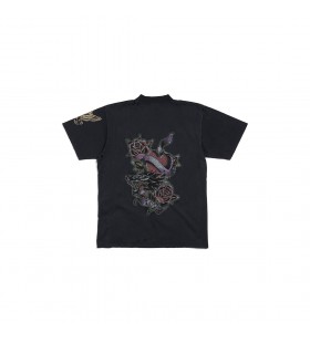 Mulheres Brega Tatoo T-shirt Pequeno Ajuste em Preto Desbotado