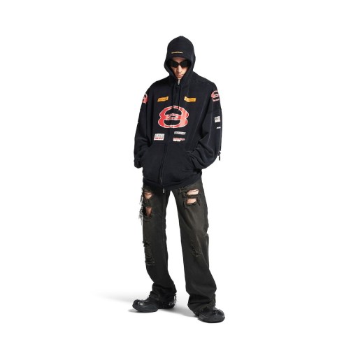 Uomo i Loghi degli Sponsor, di Grandi dimensioni chiusura a Zip-up Hoodie Nero Sbiadito
